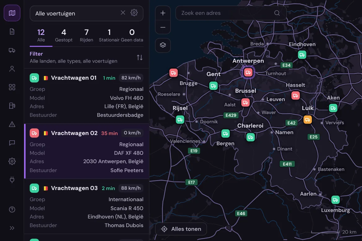 Kaart van de vrachtwagens in België en het buitenland