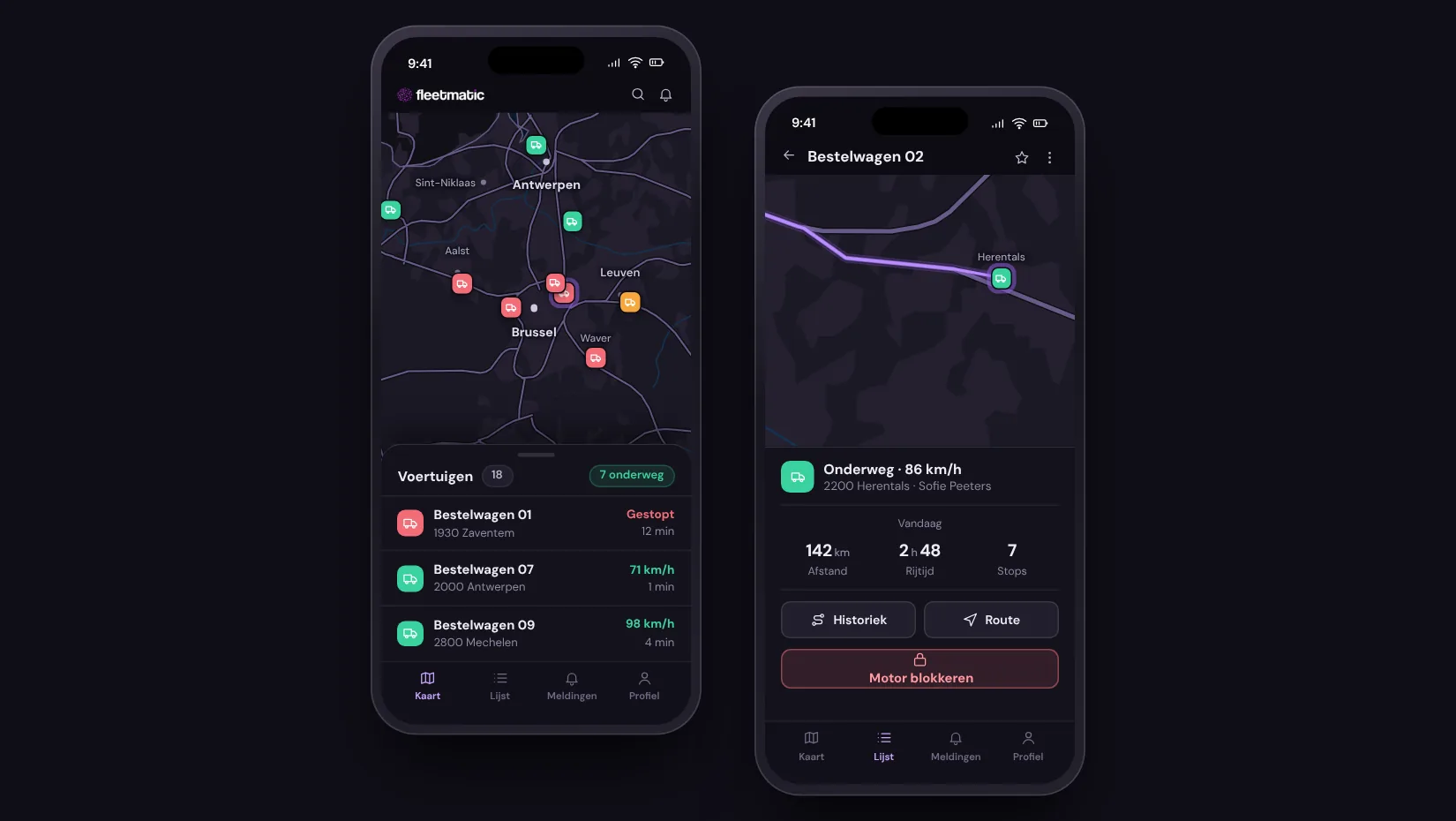 Fleetmatic-app: vlootkaart en voertuigfiche