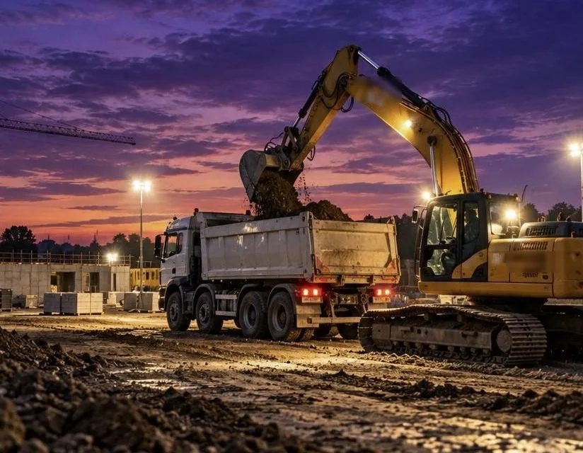 Pelleteuse et camion benne sur un chantier au crépuscule