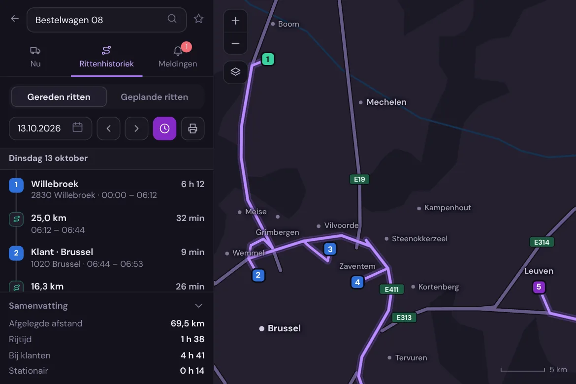 Ronde van een bestelwagen op de kaart, stop per stop