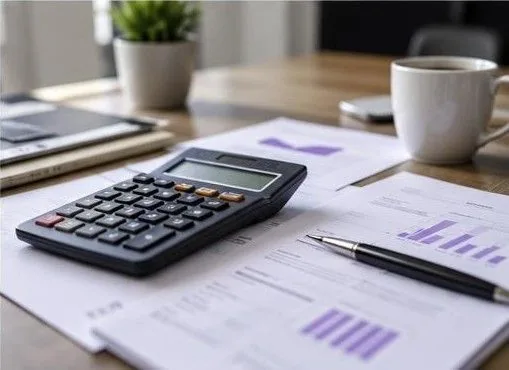 Calculatrice et factures sur un bureau