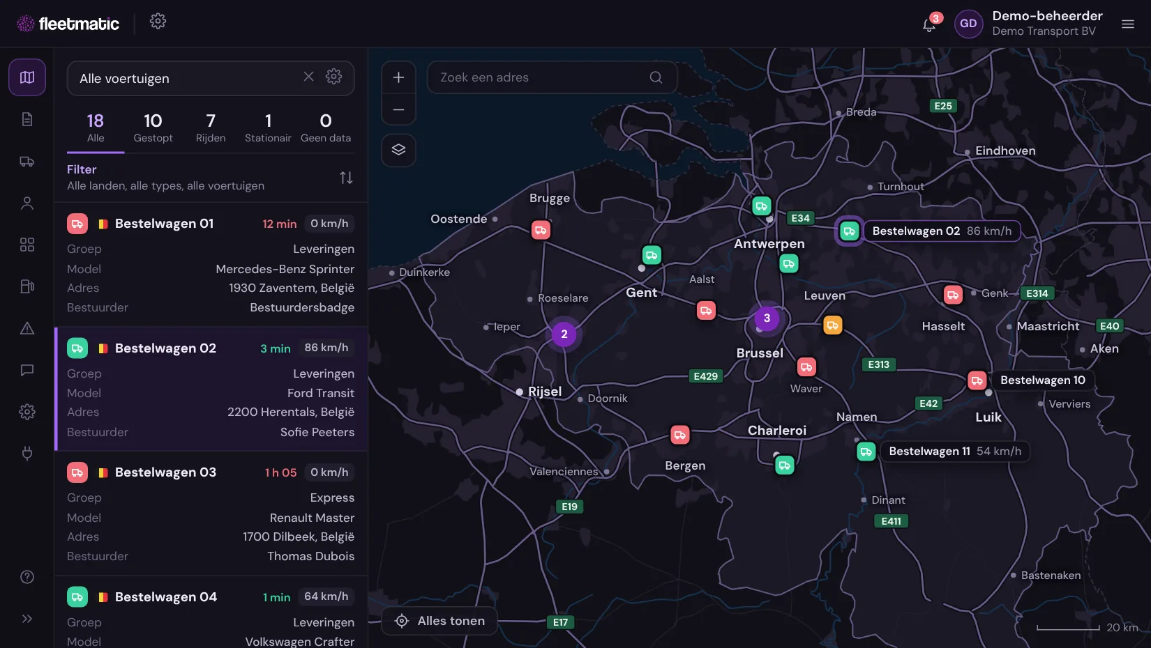 Fleetmatic-platform: live kaart en voertuiglijst