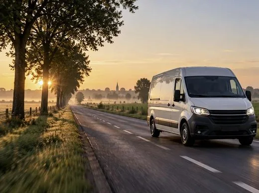 Camionnette utilitaire blanche sur une route de campagne belge au petit matin