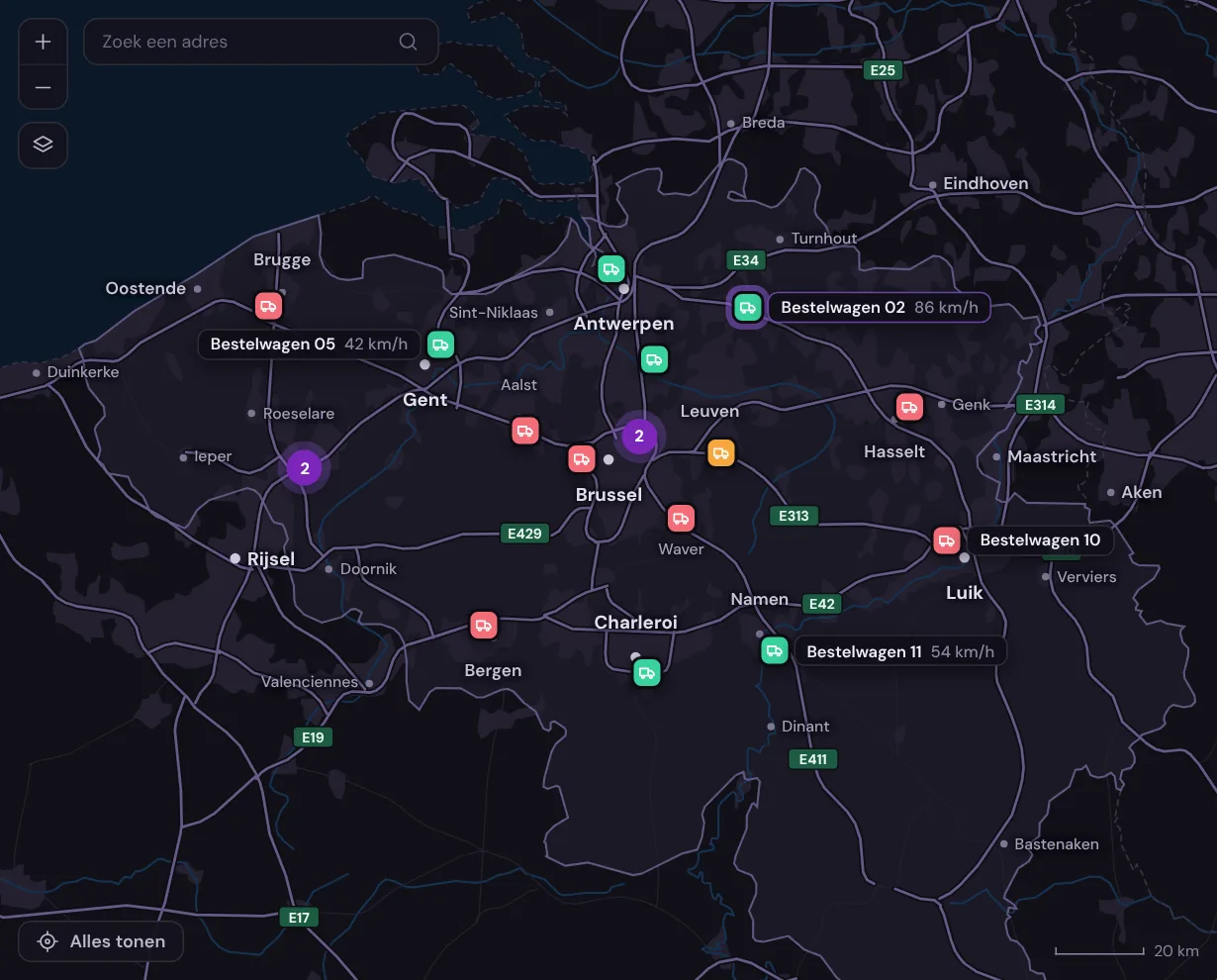 Live kaart van de voertuigen en hun status
