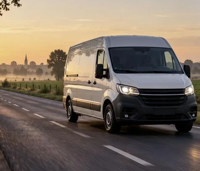 Camionnette utilitaire blanche sur une route de campagne belge au petit matin