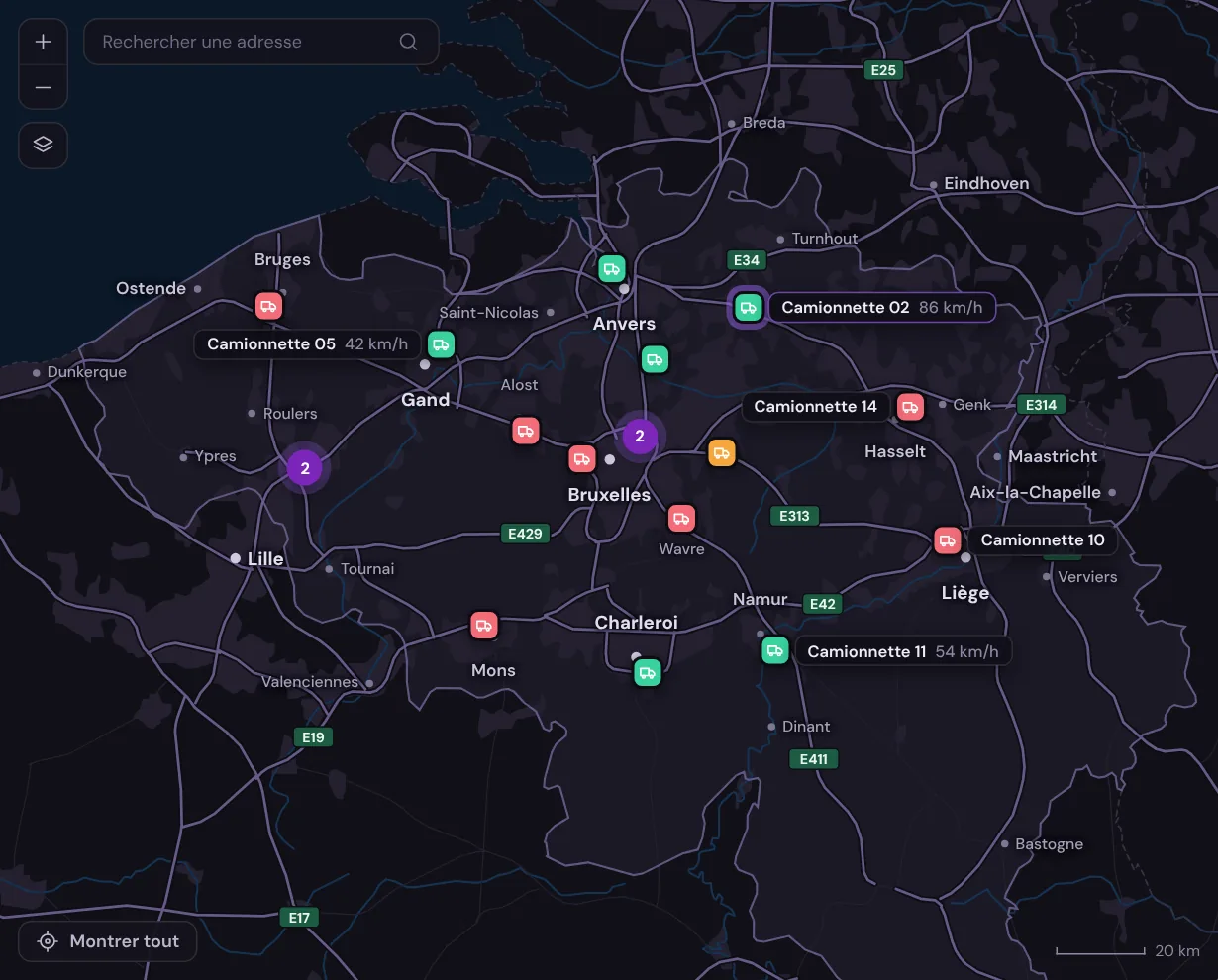 Carte en direct des véhicules et de leur statut