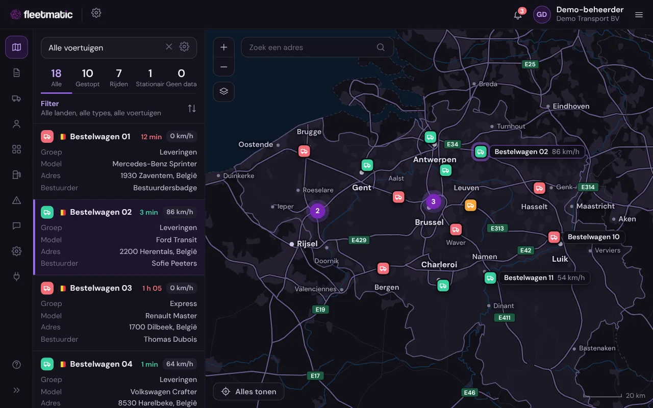 Fleetmatic-platform: live kaart en voertuiglijst