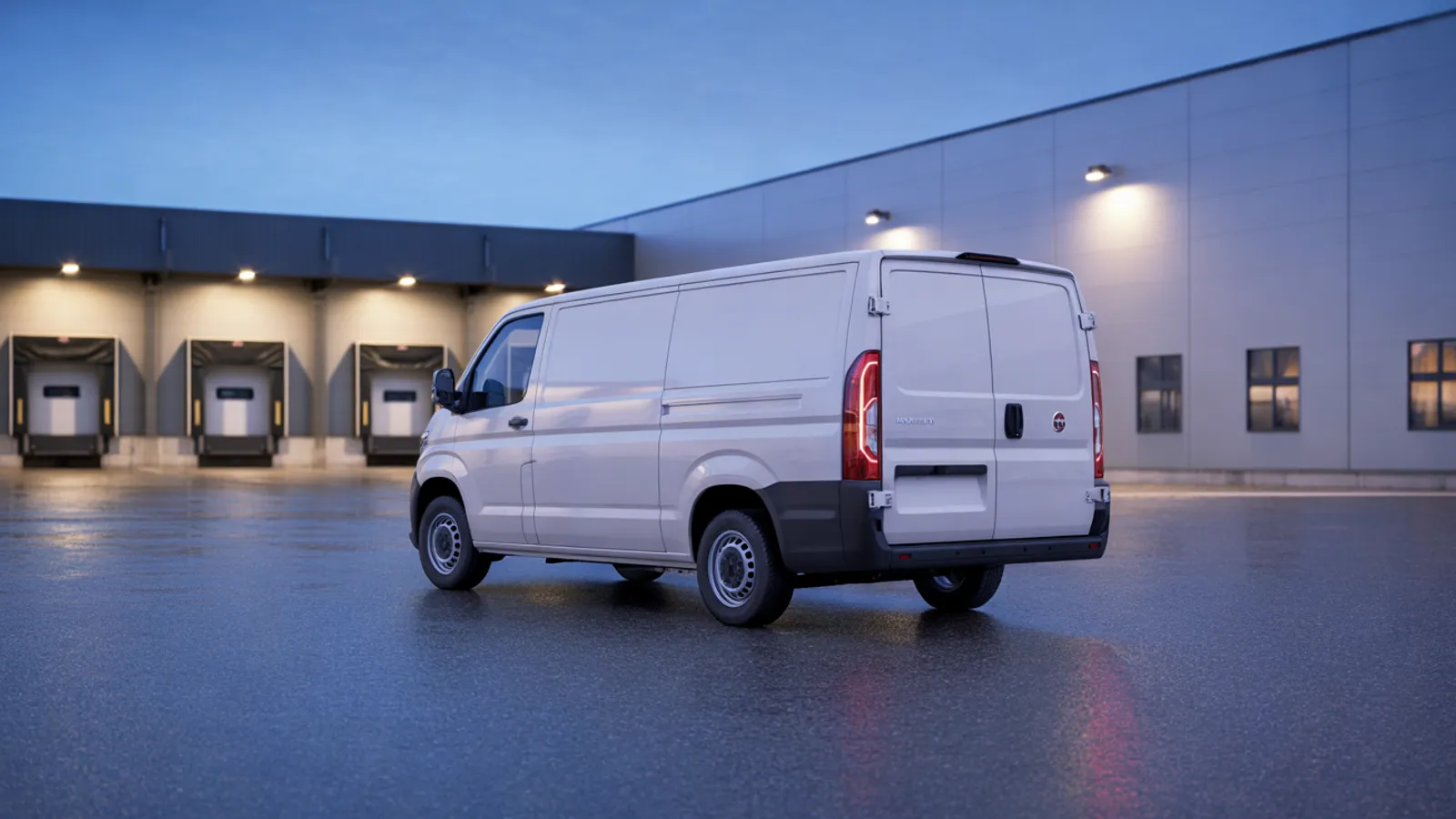 Camionnette moderne garée à un quai de chargement à l'heure bleue, lumières chaudes et touche violette