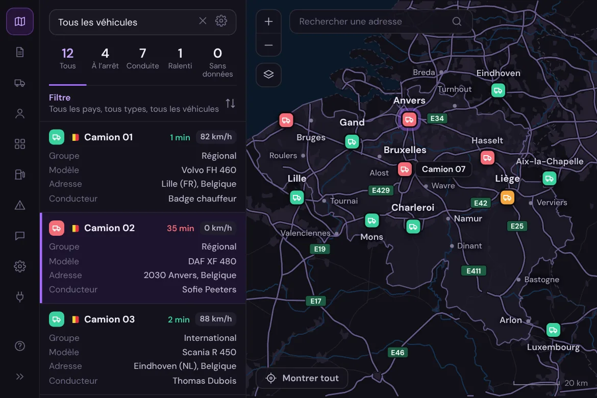 Carte des camions en Belgique et à l’étranger