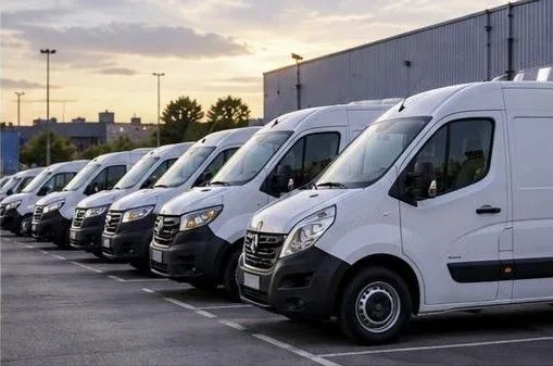 Camionnettes utilitaires blanches garées dans un dépôt