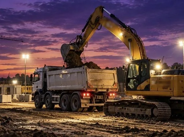 Pelleteuse et camion benne sur un chantier au crépuscule