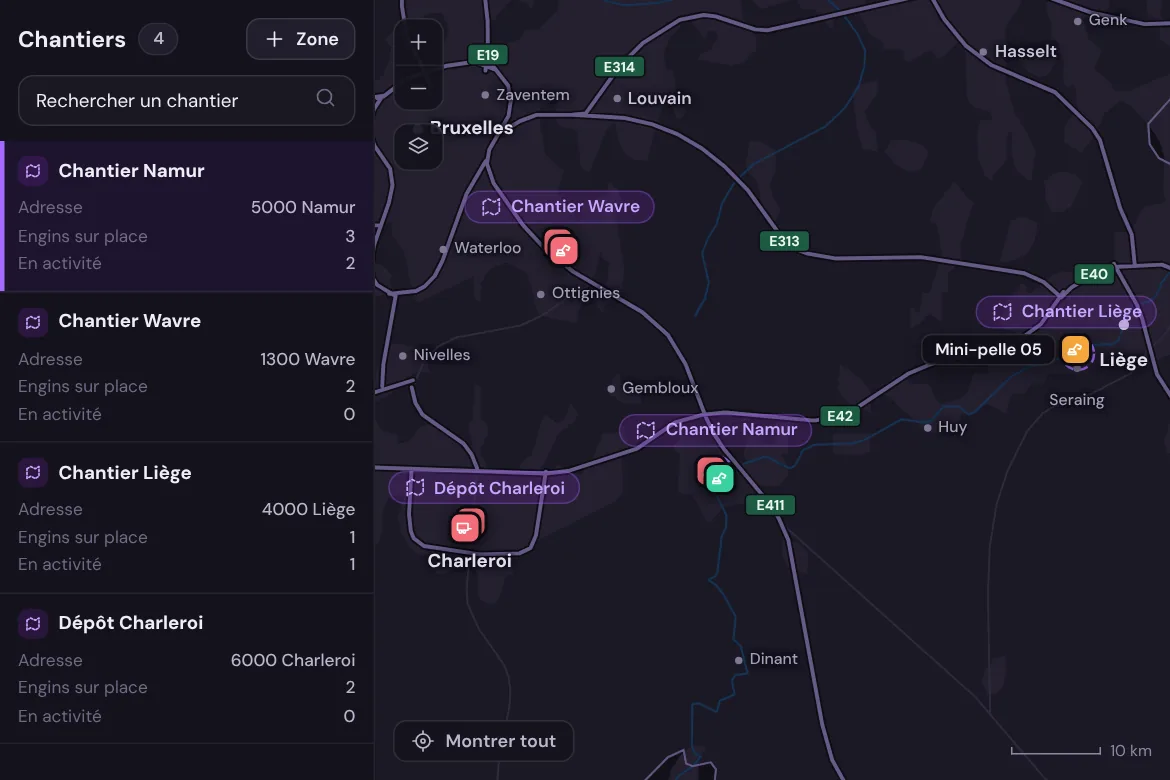 Carte des chantiers avec les engins sur place