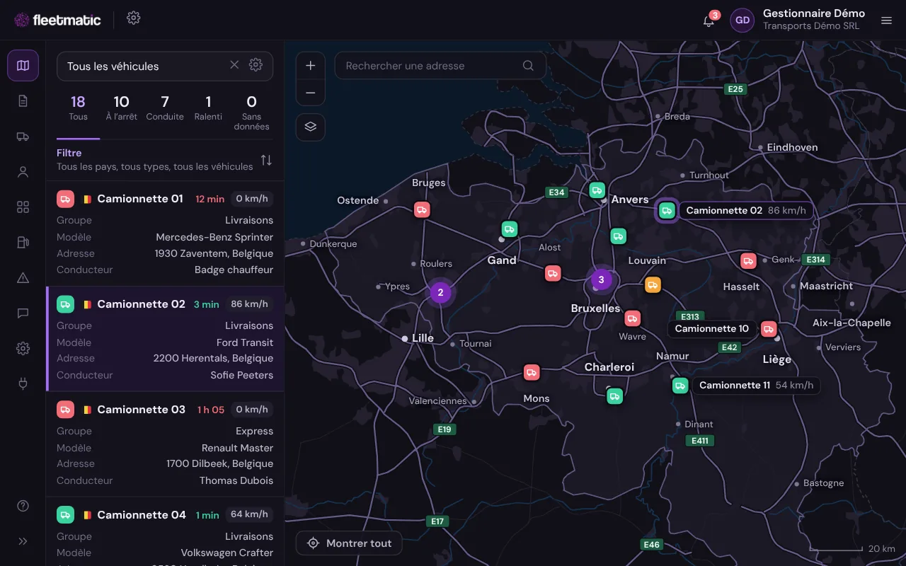Plateforme Fleetmatic : carte en direct et liste des véhicules